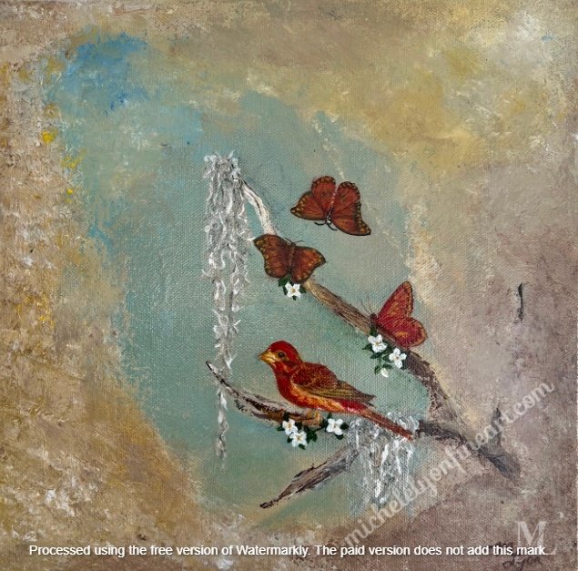 "Red Bird & Friends"
At home in the south with trees covered in Spanish moss, creating its own poetry.
Original work of art.
12" x 12" 1.5" mixed media on canvas.
Price: USD 280.00