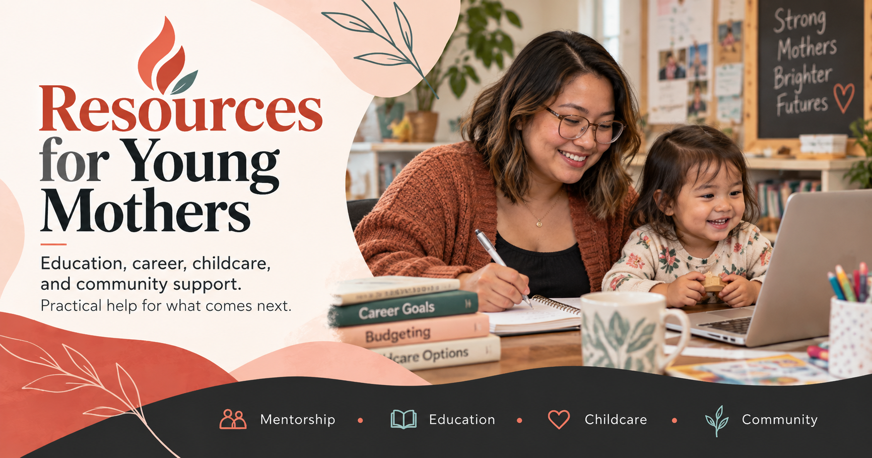Resources for Young Mothers graphic featuring education, career, childcare, mentorship, and community support.