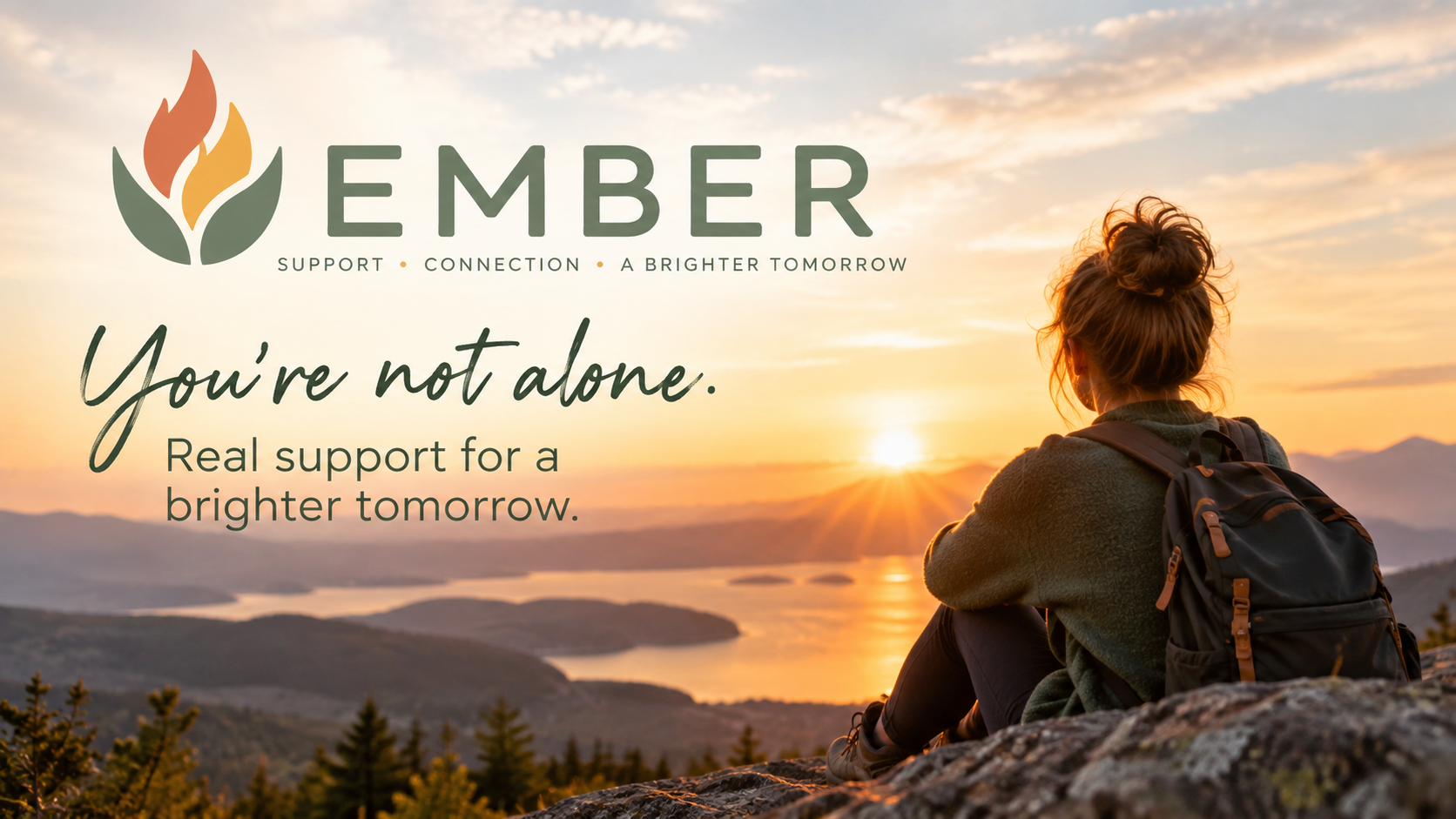 Person overlooking a sunrise with the EMBER message: You’re not alone. Real support for a brighter tomorrow.