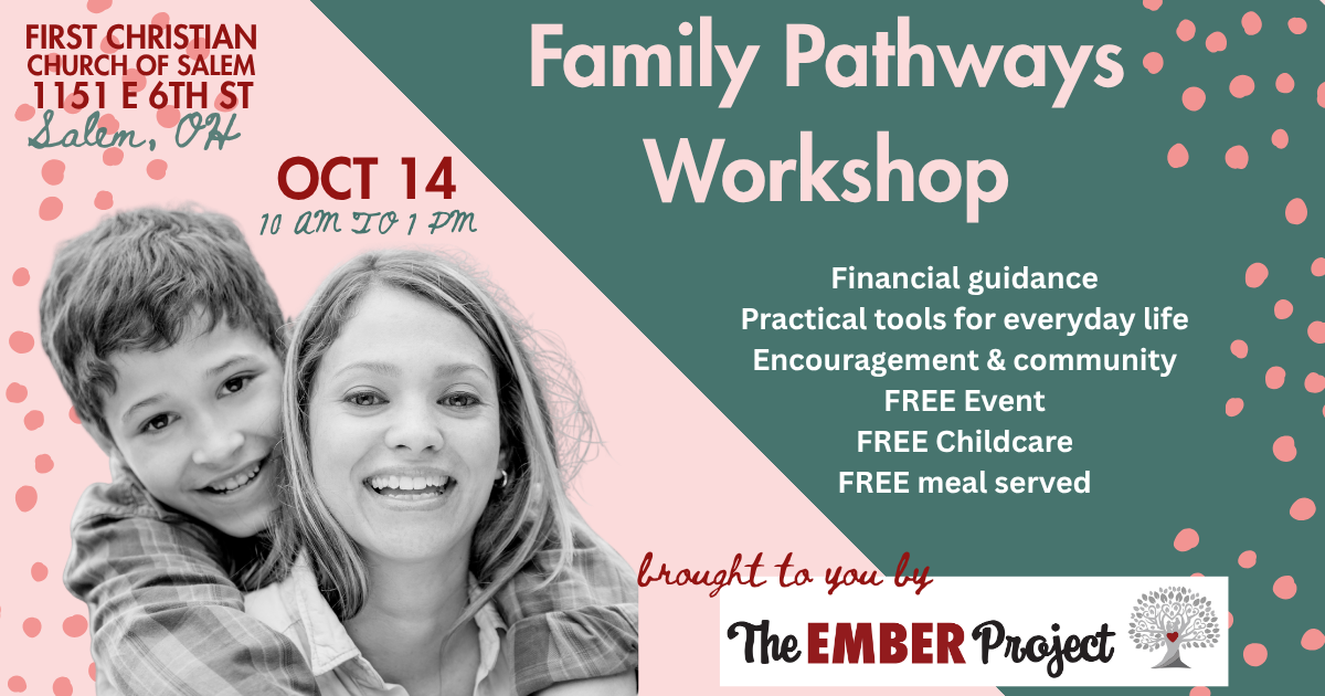 Black and white photo of a smiling young boy hugging a smiling young girl, on a promotional flyer for a Family Pathways Workshop in Salem, Ohio, scheduled for October 14 from 10 am to 1 pm, with details about services and sponsorship by The EMBER Project.