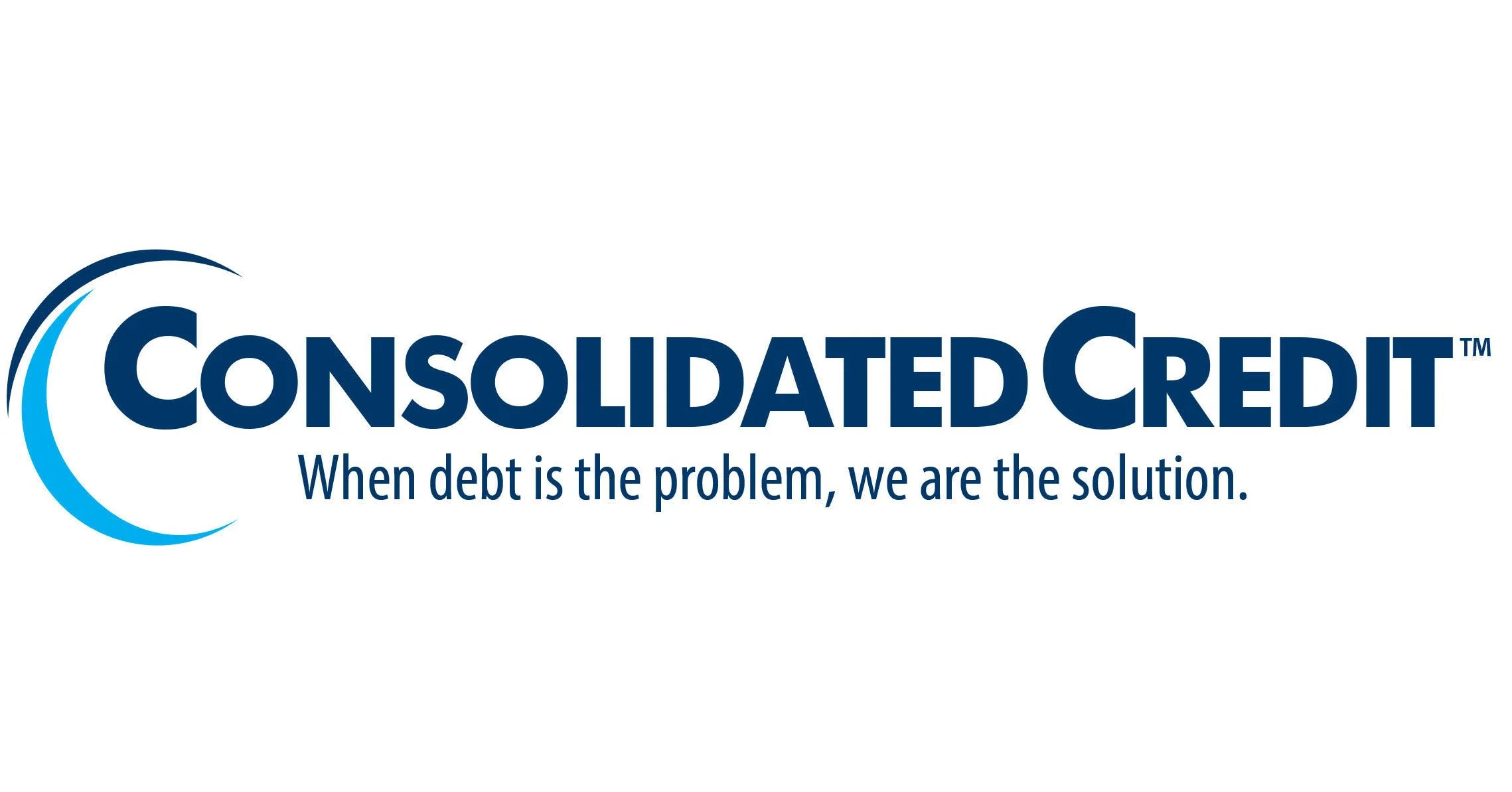 Consolidated Credit logo with tagline 'When debt is the problem, we are the solution' in blue font and a crescent graphic on the left.
