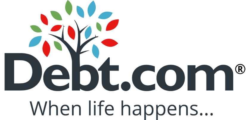 Debts.com logo with a stylized tree with multicolored leaves and the tagline "When life happens..."