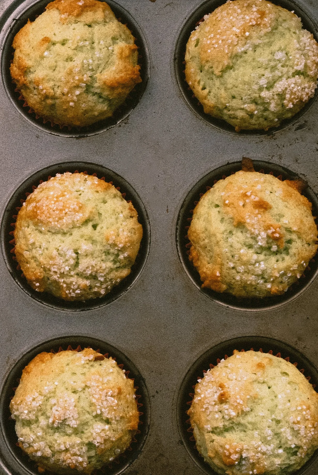 Top view of pistachio muffins in the pan