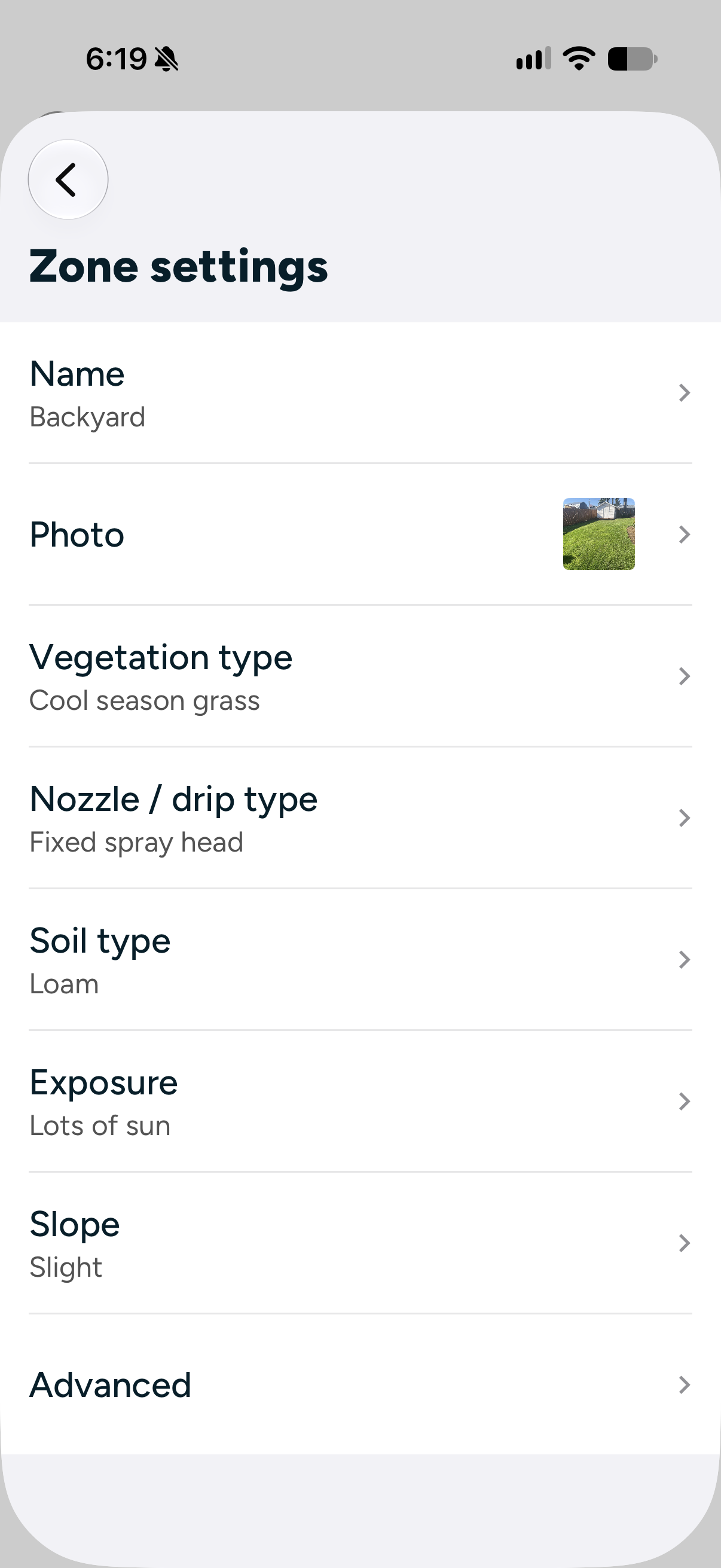   Photo caption:  My current basic zone settings for the backyard and Front Yard East. 
