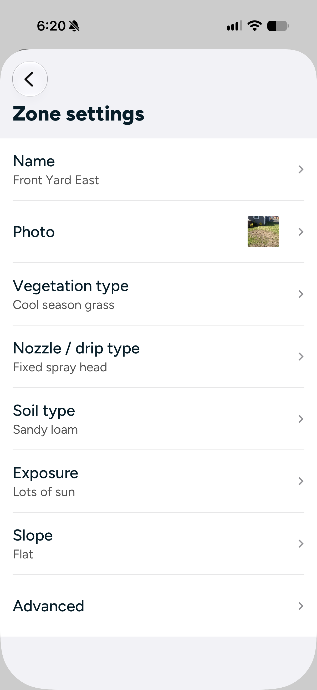   Photo caption:  My current basic zone settings for the backyard and Front Yard East. 