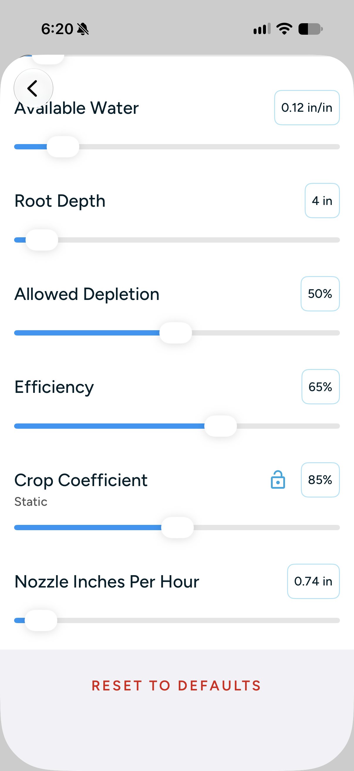   Photo caption:  Current advanced settings in my Rachio app. The two screens show different allowed-depletion values; they do not document a change from one value to another. 