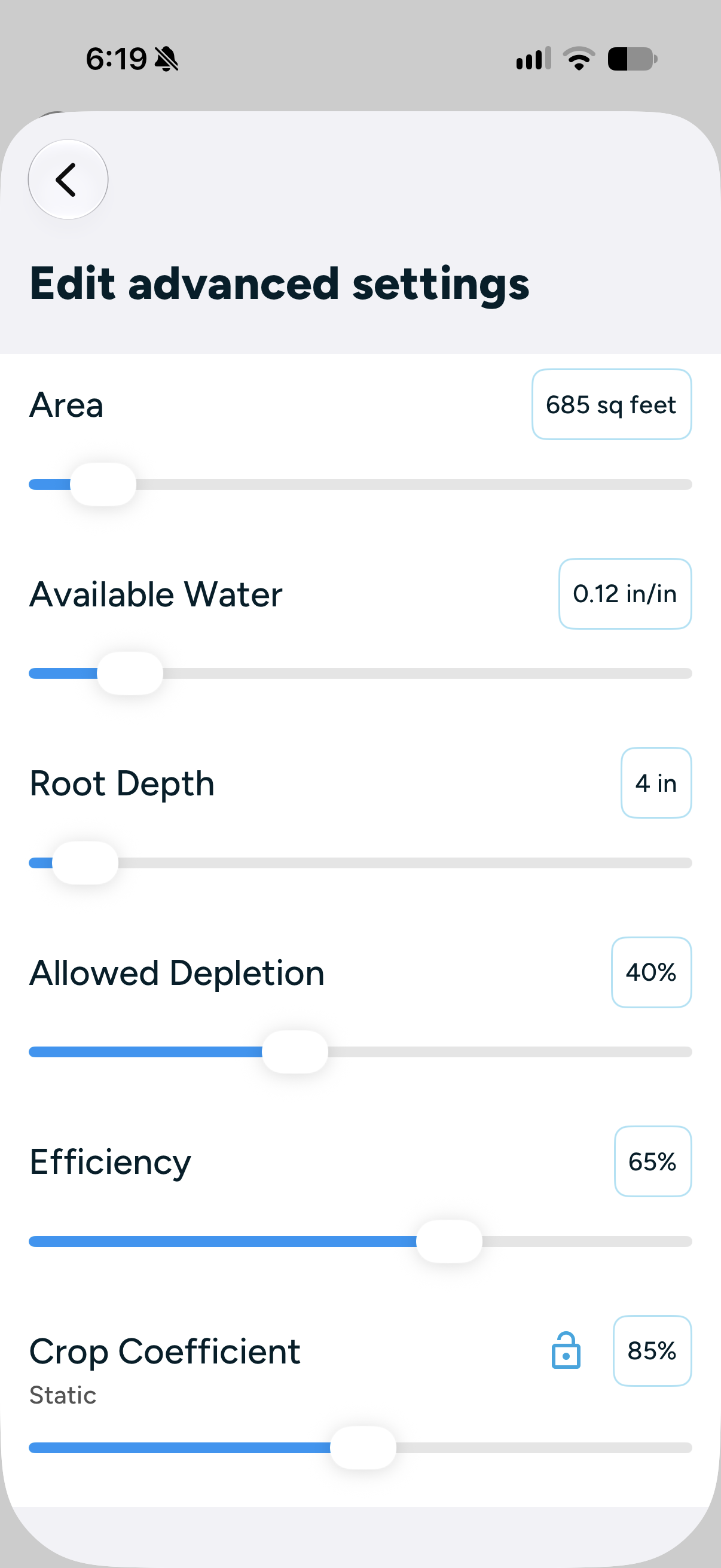  Photo caption:  Current advanced settings in my Rachio app. The two screens show different allowed-depletion values; they do not document a change from one value to another. 