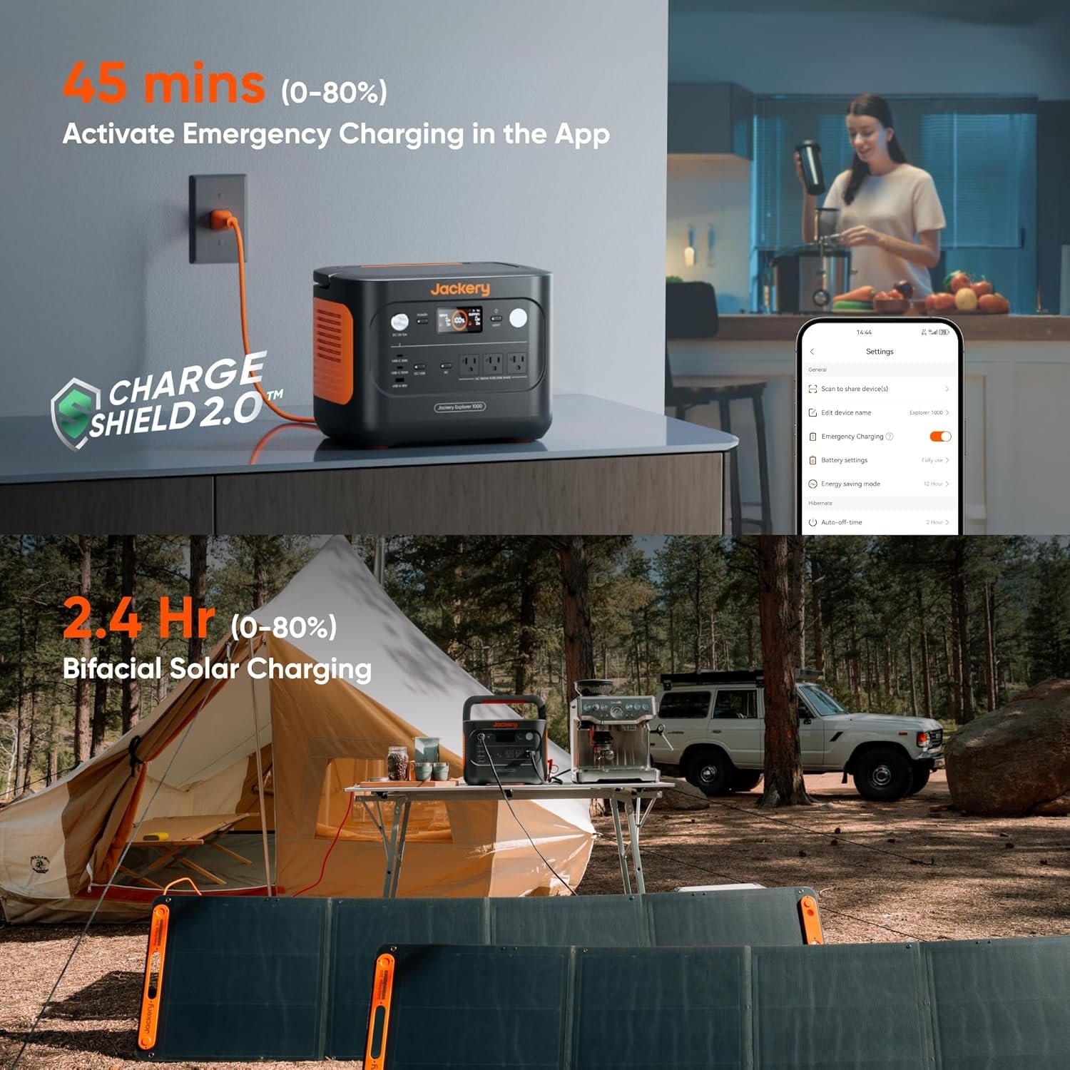 The Jackery solar generator 1000 v2 on a table charging and in a camping site with several solar panels.