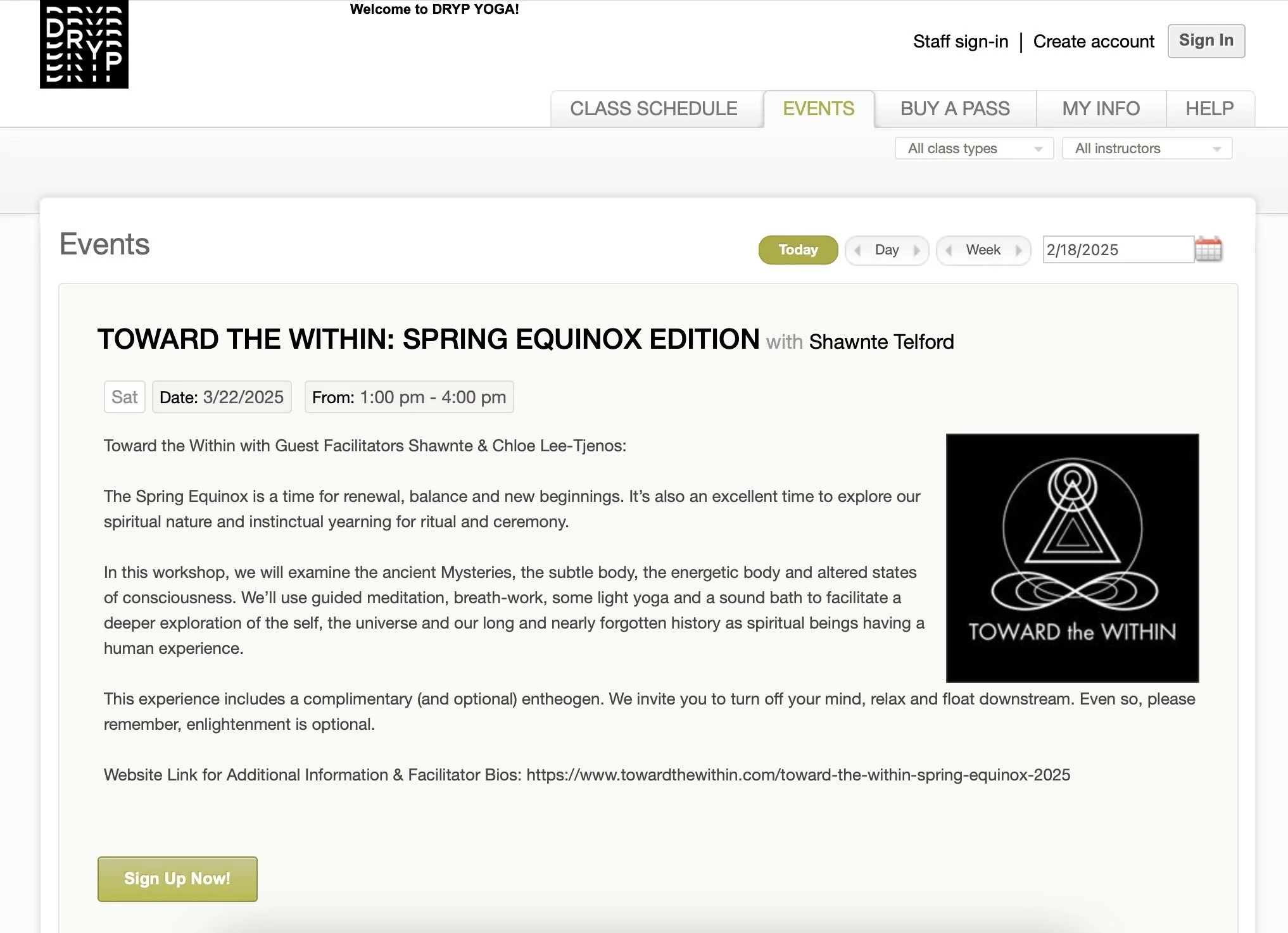 Event listing for "Toward the Within: Spring Equinox Edition" at DRYP Yoga, scheduled for March 22, 2025, from 1:00 PM to 4:00 PM. Workshop includes meditation, breath-work, light yoga, and a sound bath, led by guest facilitators Shawnte and Chloe. A black and white geometric logo is displayed on the right.