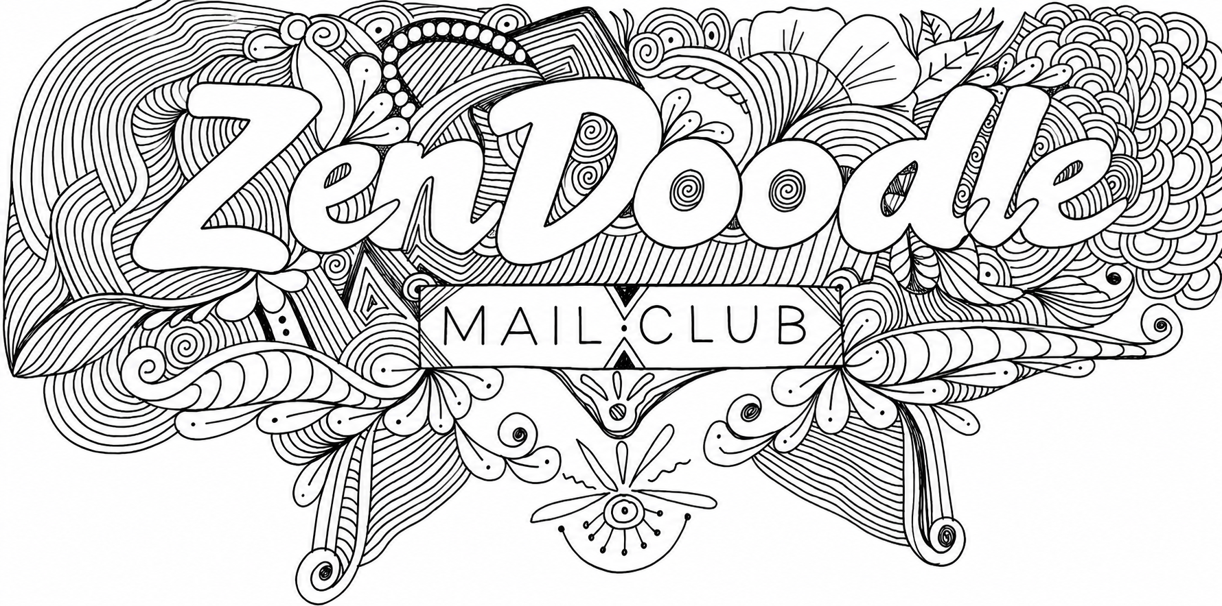 A black and white coloring page featuring the words 'Zeal' and 'Mail Club' in a decorative, hand-drawn style with intricate swirls, leaves, and floral patterns surrounding the text.
