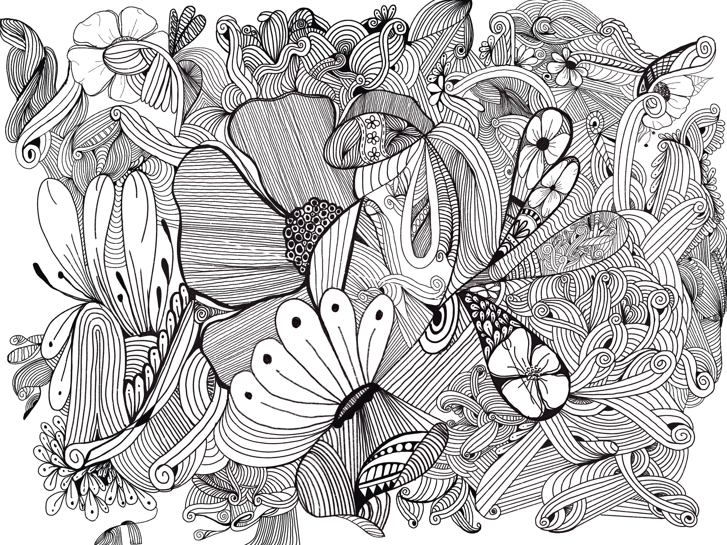 Black and white intricate line drawing of various flowers, leaves, butterflies, and abstract shapes.