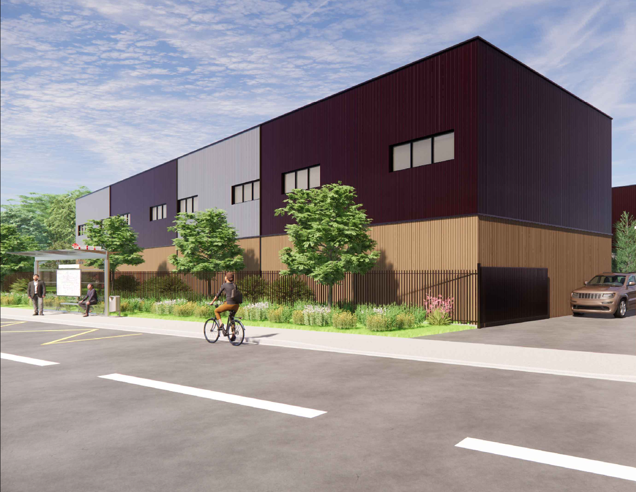 Une illustration d'un bâtiment moderne avec des murs en métal bordeaux et gris, entouré d'arbres verts et d'une clôture en bois, avec une zone bus et des personnes attendant ou passant, et une personne à vélo dans une rue ensoleillée.