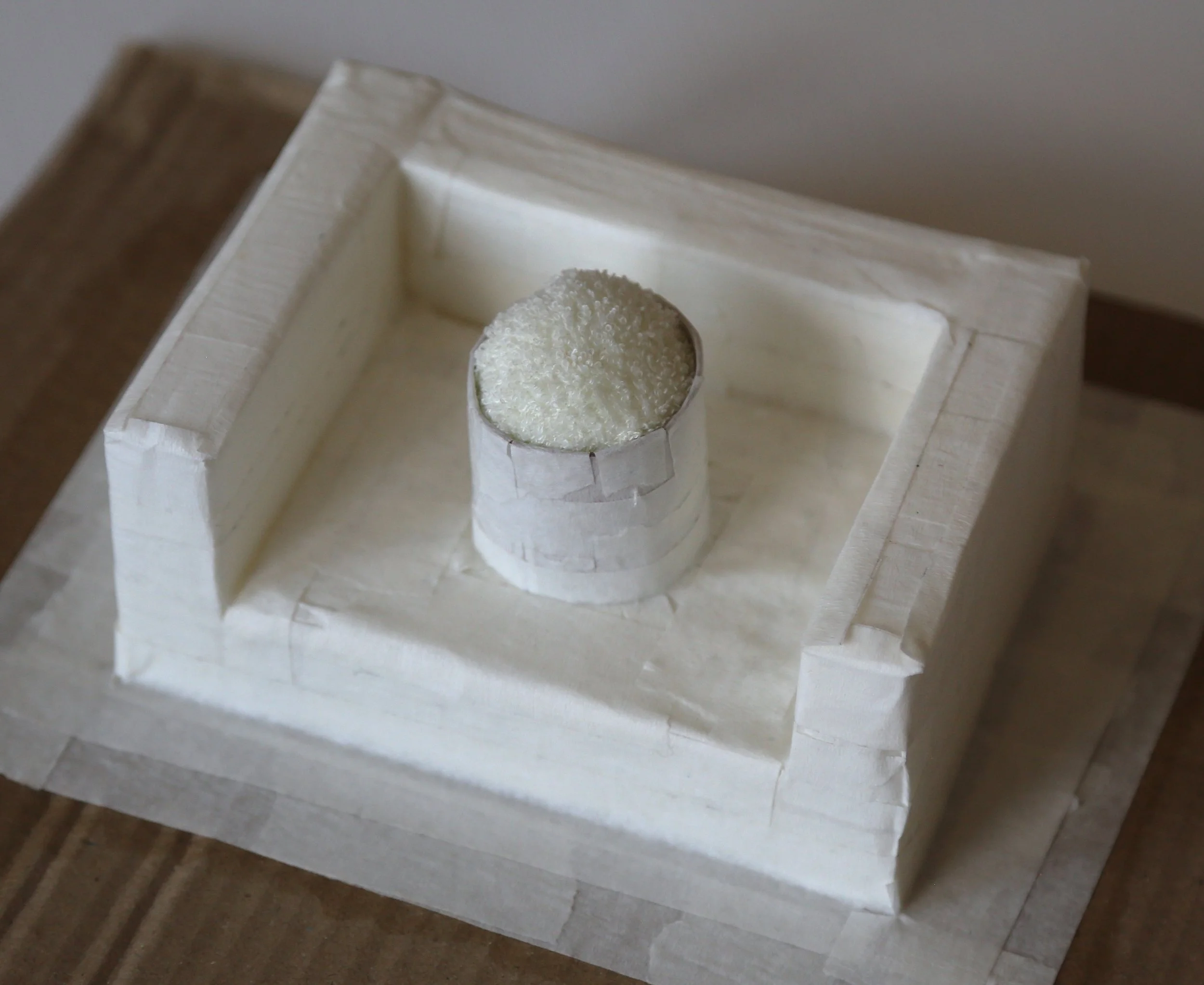 foam blocks, cardboard, masking tape, towel, polyester stuffing. 10 x 14 x 6 cm