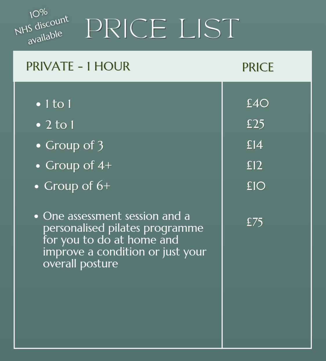 Price list for tailored sessions, private bookings