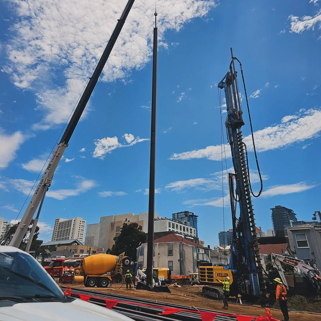 BCR Consulting is monitoring groundwork for a 27-story San Diego high-rise featuring a four-level underground garage. To overcome sandy coastal soil challenges, crews drilled 96 large-diameter holes to a depth of 75 feet, pumped in concrete slurry, a