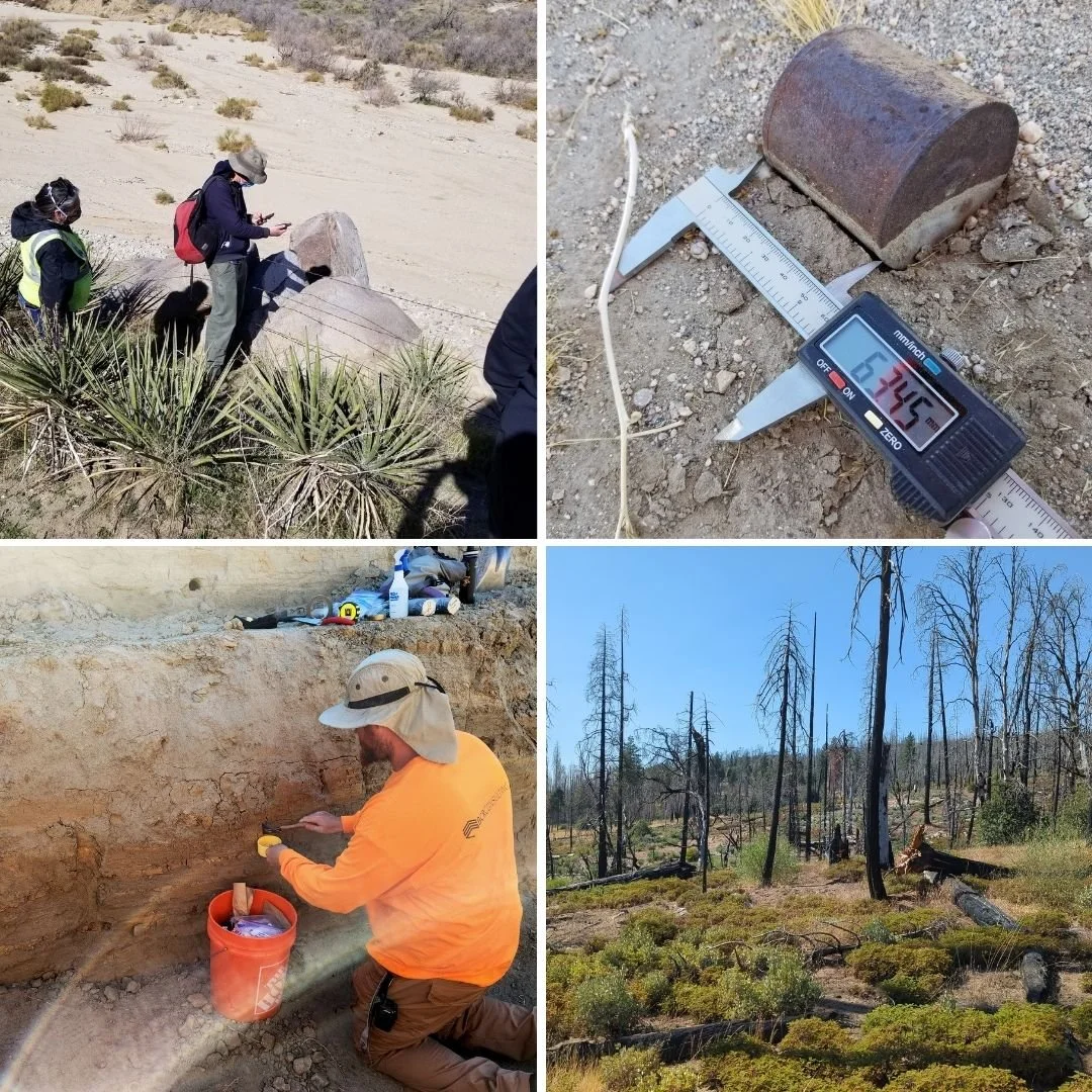 A collage of four images showing geological fieldwork: top left shows a group of people with backpacks examining rocks in a desert landscape; top right shows a digital caliper measuring a rusted metal cylinder in soil; bottom left shows a person in an orange shirt and wide hat collecting samples from an excavation site; bottom right shows a forested landscape with dead trees and sparse vegetation after a wildfire.