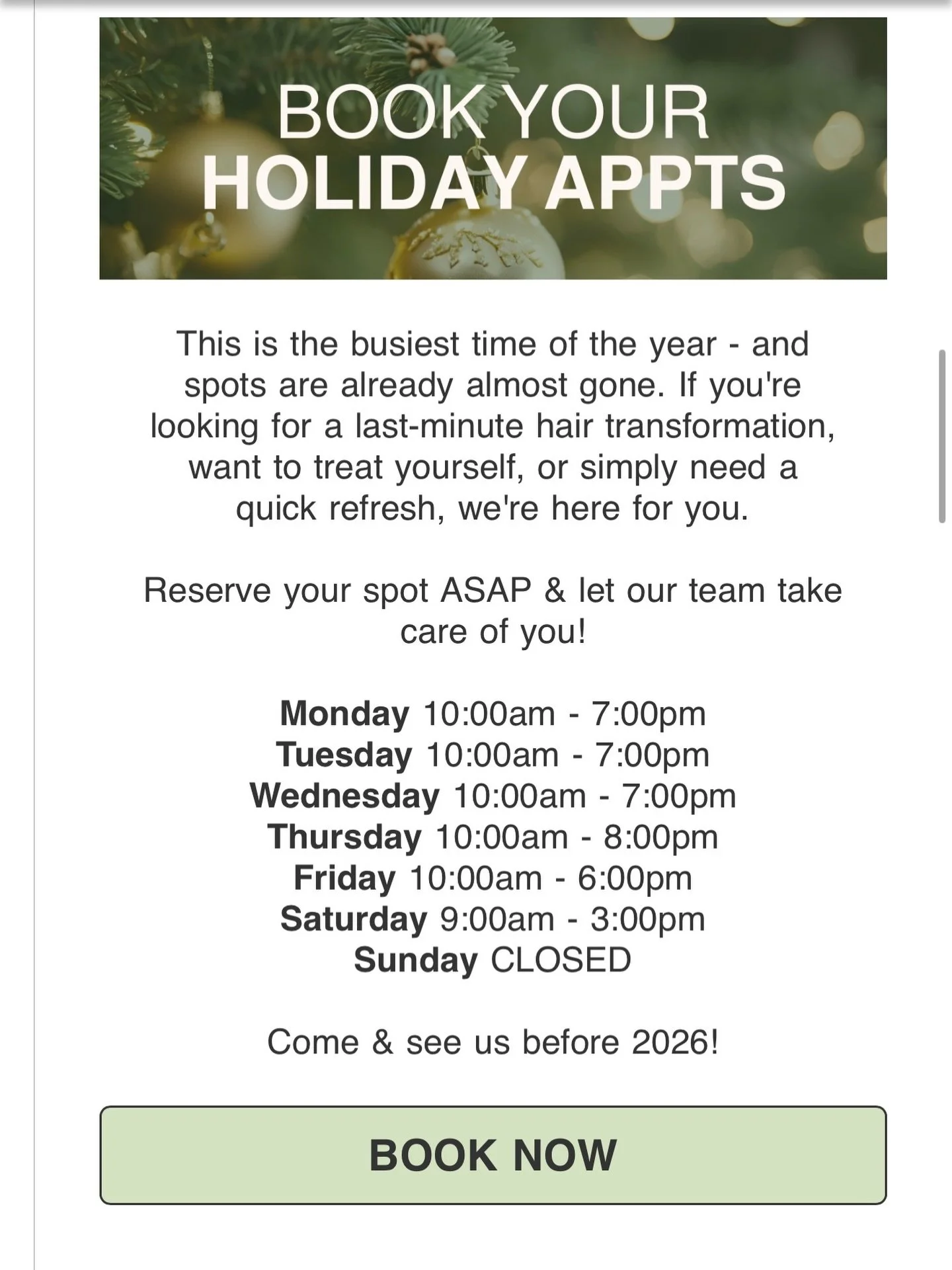 ✨ Holiday hair season is HERE! ✨
If you&rsquo;ve been thinking about a fresh cut, new color, or a little glow-up before the holidays, now&rsquo;s the time! This is the busiest time of year and appointments are almost gone.

Our team is ready to help 