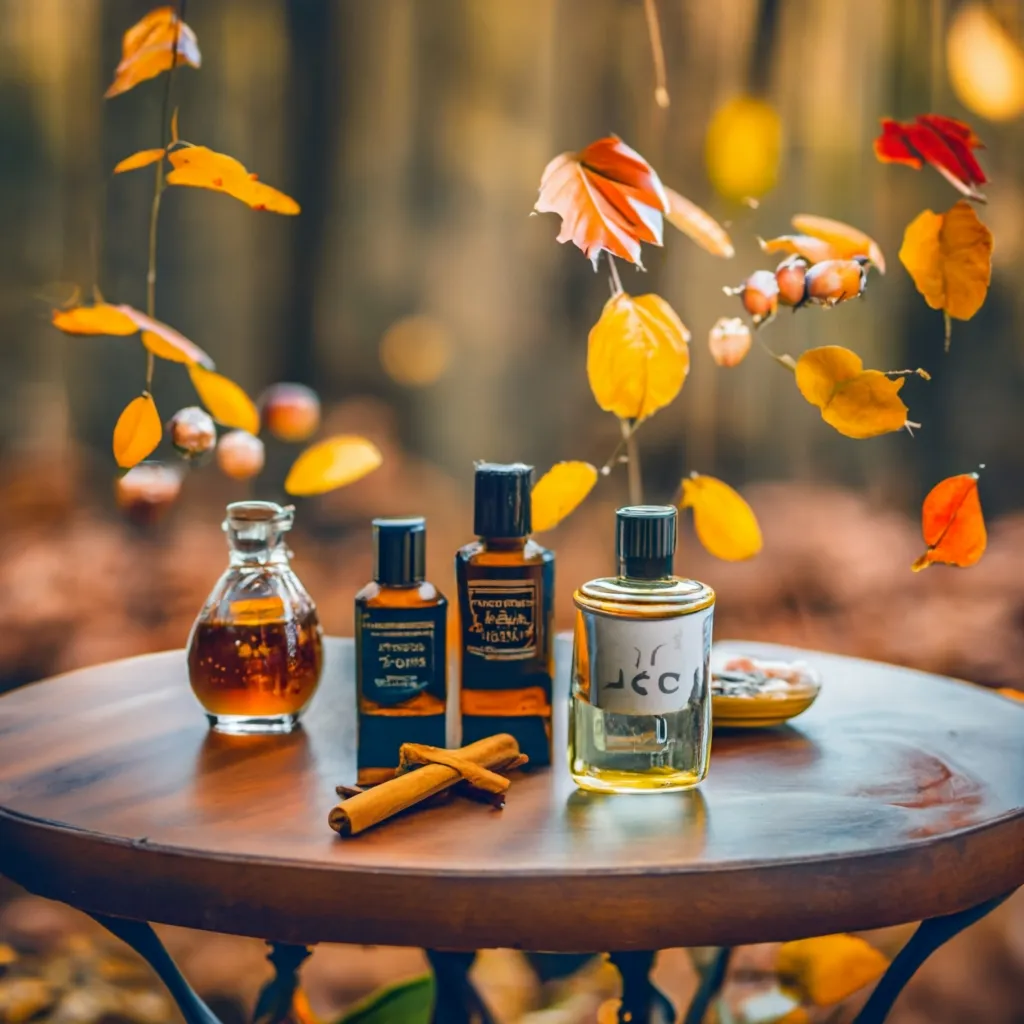 A wooden table in an outdoor autumn setting holds bottles of essential oils, a small bowl, and cinnamon sticks, with falling colorful leaves in the background.