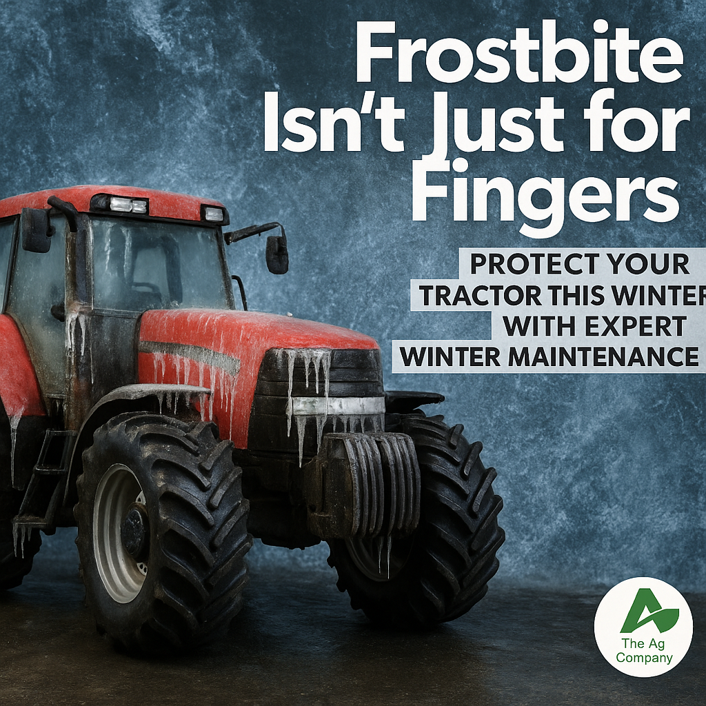 Red tractor covered in ice with text warning about winter maintenance, advertisement by The Ag Company.