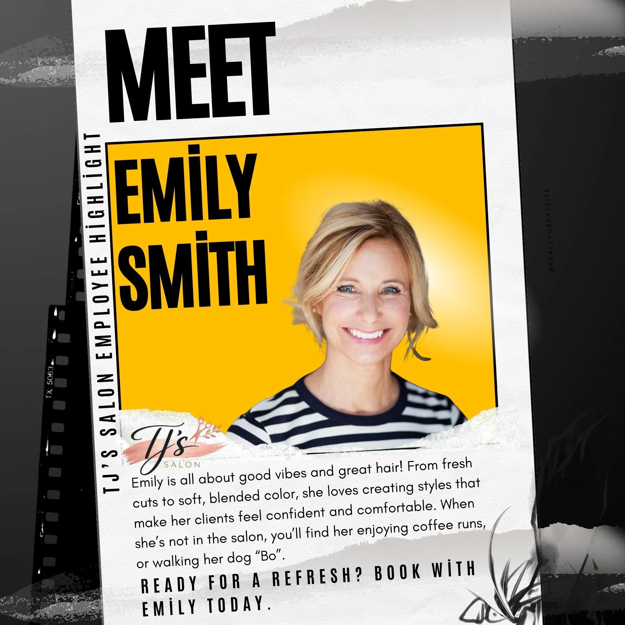 Employee spotlight featuring a person from The Ag Company. Includes a portrait, company logo, and text about farm equipment expertise. Contact info for AJ Wilson in sales: 123-456-7890.