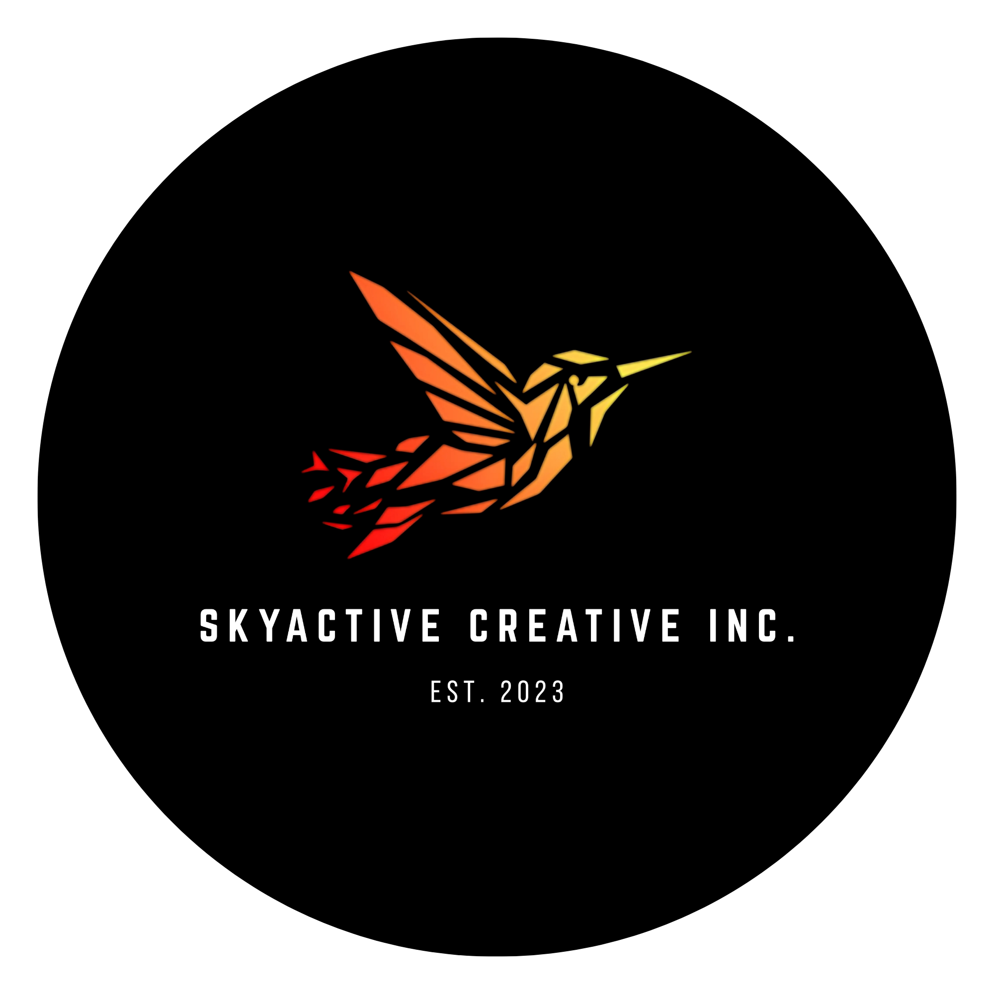 Logo of Skyactive Creative Inc, established in 2023, featuring a stylized geometric bird in gradient colors of orange, yellow, and red on a black background with white text.