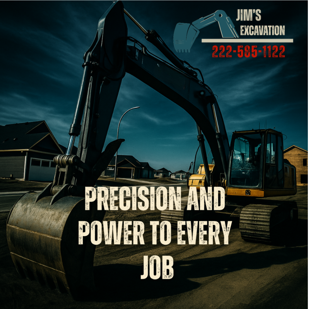 An excavator on a construction site with text overlay reading 'Jim's Excavation', phone number 222-585-1122, and the slogan 'Precision and Power to Every Job'.