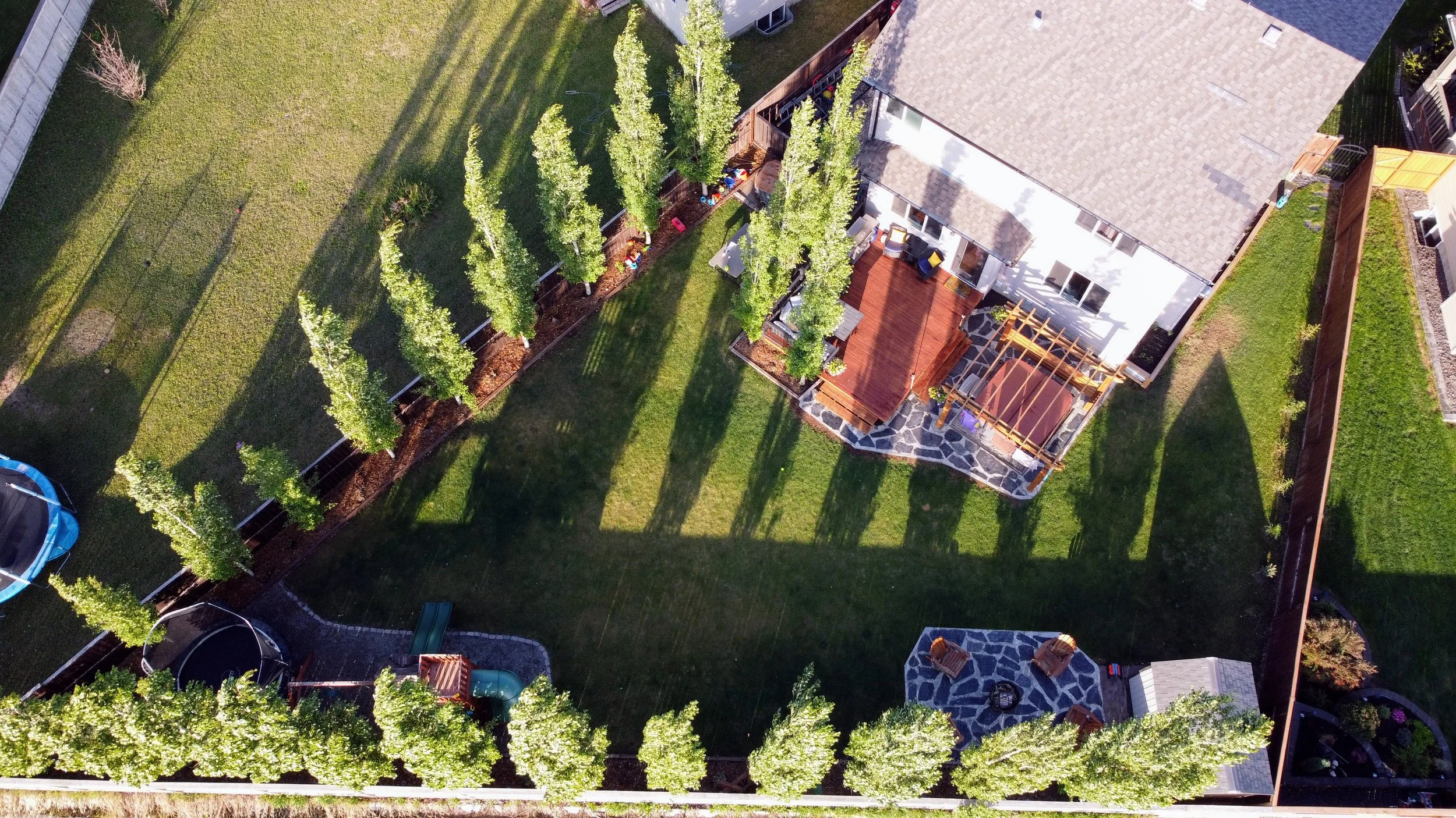 A backyard with a grassy lawn, trees, a deck attached to a house, a patio with chairs, a trampoline, and a garden shed. Sunlight creates long shadows.