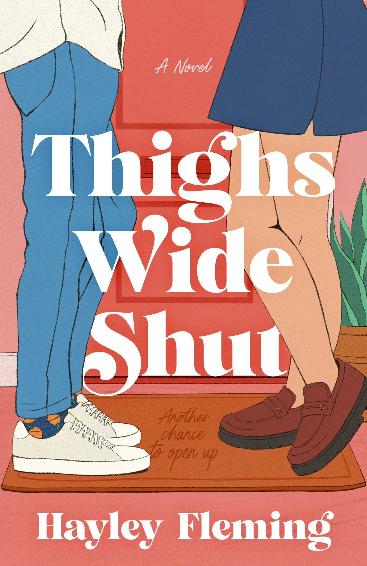 Book cover of 'Thighs Wide Shut' by Hayley Fleming, featuring an illustrated image of two people standing on a doormat, with a background including a pink wall and a potted plant.