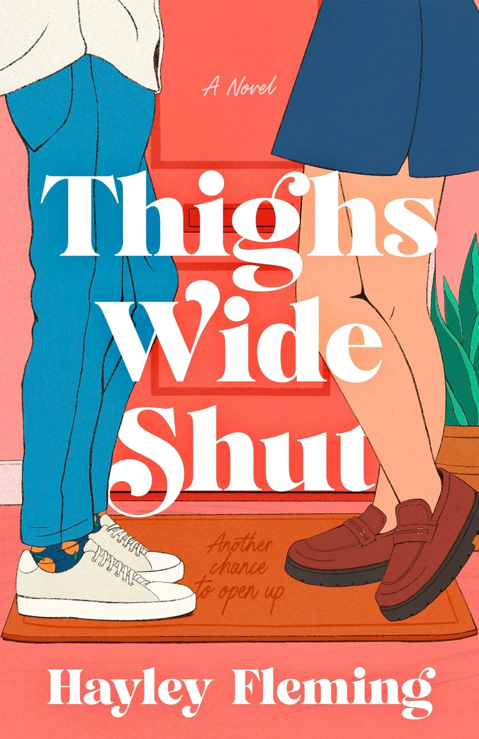 Book cover of "Thighs Wide Shut" by Hayley Fleming, depicting two people standing on a red mat, with a red background and a houseplant nearby.
