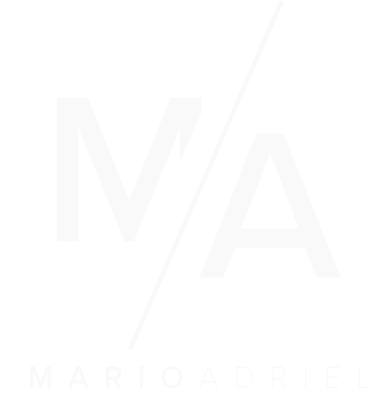 Black background with white text and lines, displaying the initials 'M/A' separated by a diagonal line, and the name 'Mario Adriel' at the bottom.