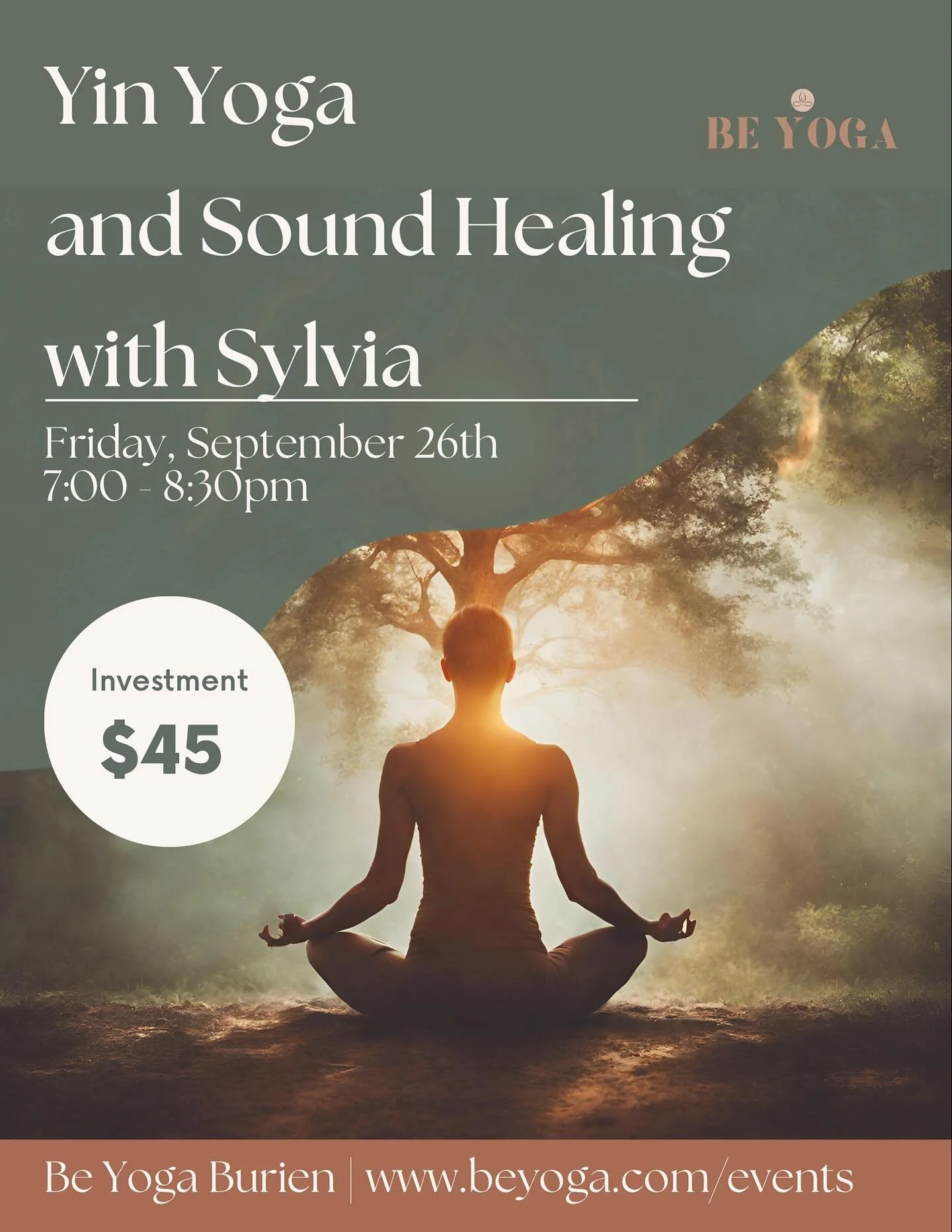 Tonight!! Unwind into stillness with Yin Yoga &amp; Sound Healing ✨
A journey inward with Sylvia through grounding poses + soothing vibrations.
🗓 Sept 26 | 7&ndash;8:30pm
📍 Be Yoga Burien | $45