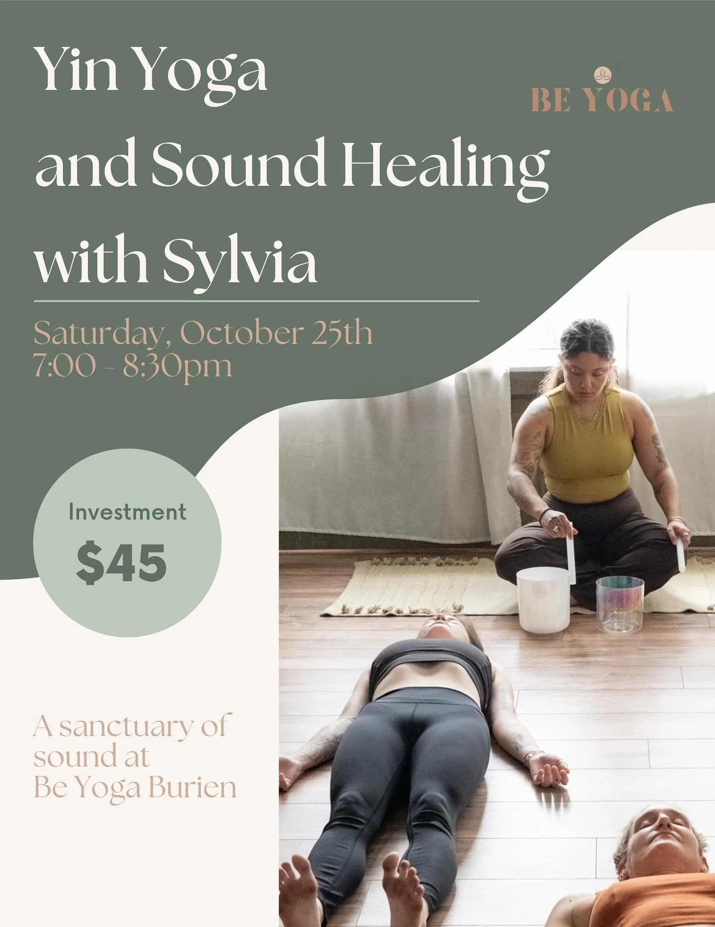 Sink into stillness and let sound wash over you π―οΈ
Join Sylvia for an evening of Yin Yoga + Sound Healing — the perfect combo to unwind your body, mind, and spirit.
ποΈ Saturday, Oct 25 | 7:00–8:30pm
π Be Yoga Burien
β¨ A sanctuary of s
