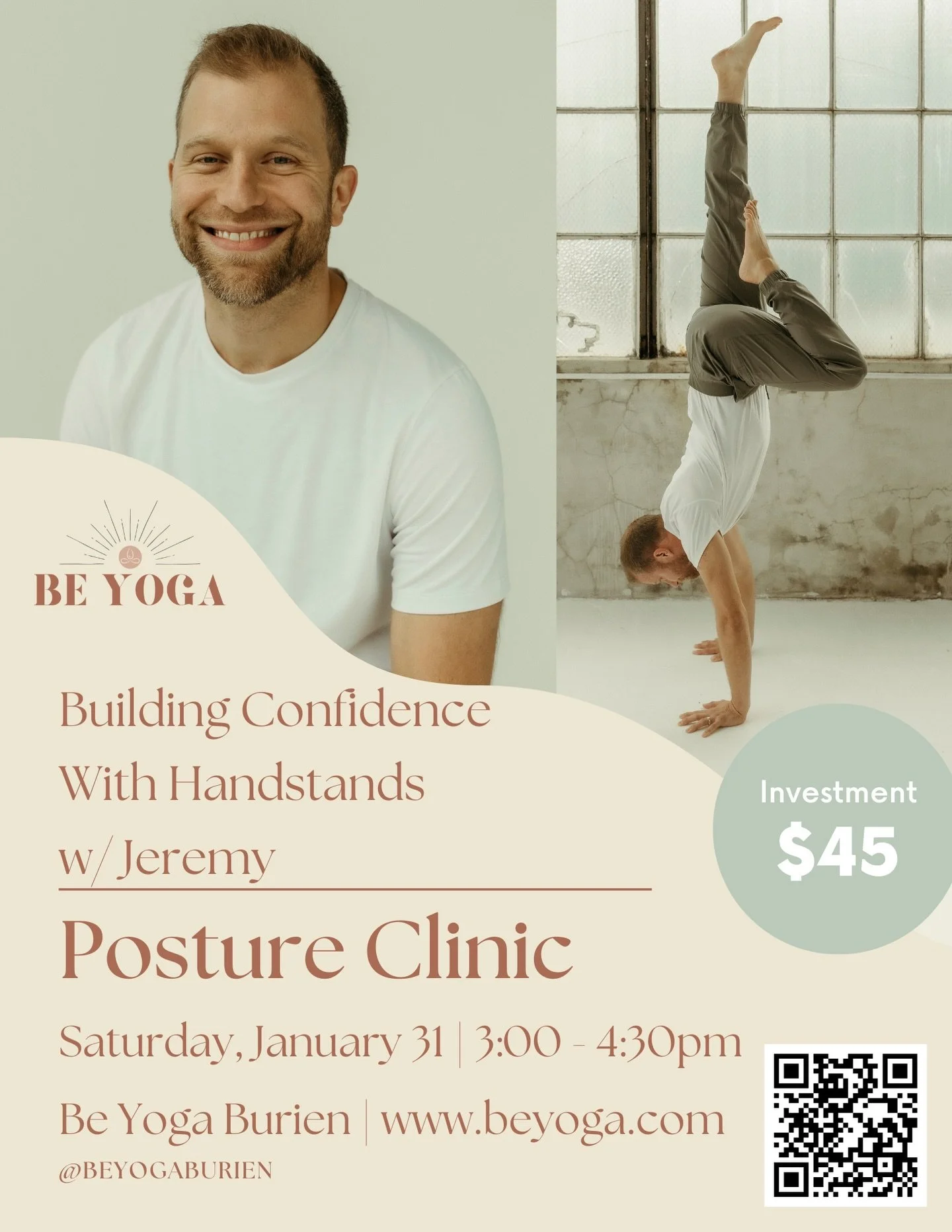 Ready to flip your perspective - literally and mentally?

Join Jeremy for Building Confidence with Handstands, a posture clinic designed to help you build strength, alignment, and trust in your body. This workshop breaks handstands down into accessib
