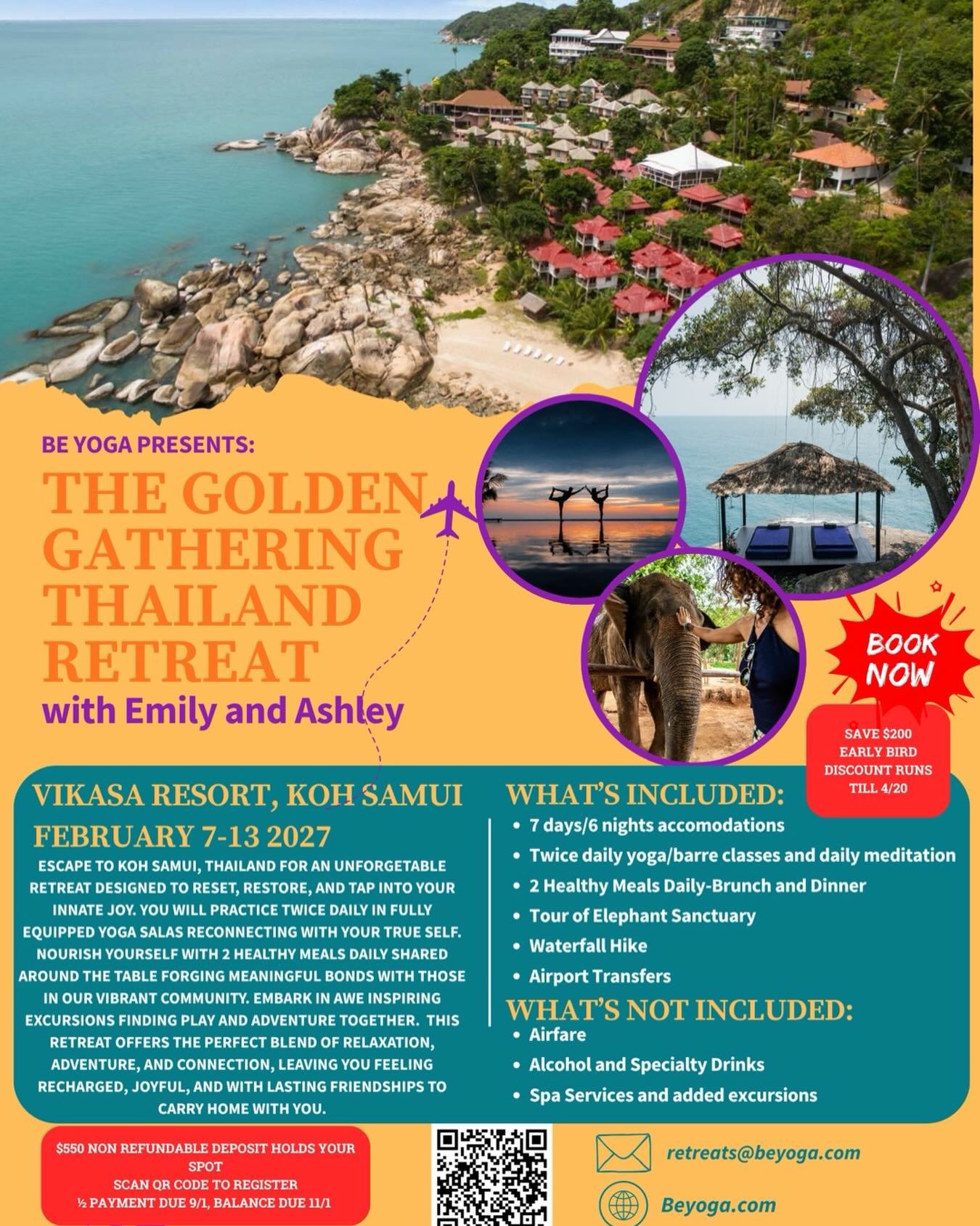 🧡🧡🧡
2027 Retreat Alert

It&rsquo;s official&mdash;Be Yoga is headed to Thailand next February&hellip; and you&rsquo;re invited to join the journey of a lifetime 🌴✨🐘

Golden light, ocean air, and a week just for you! ☀️

Join Emily &amp; Ashley i