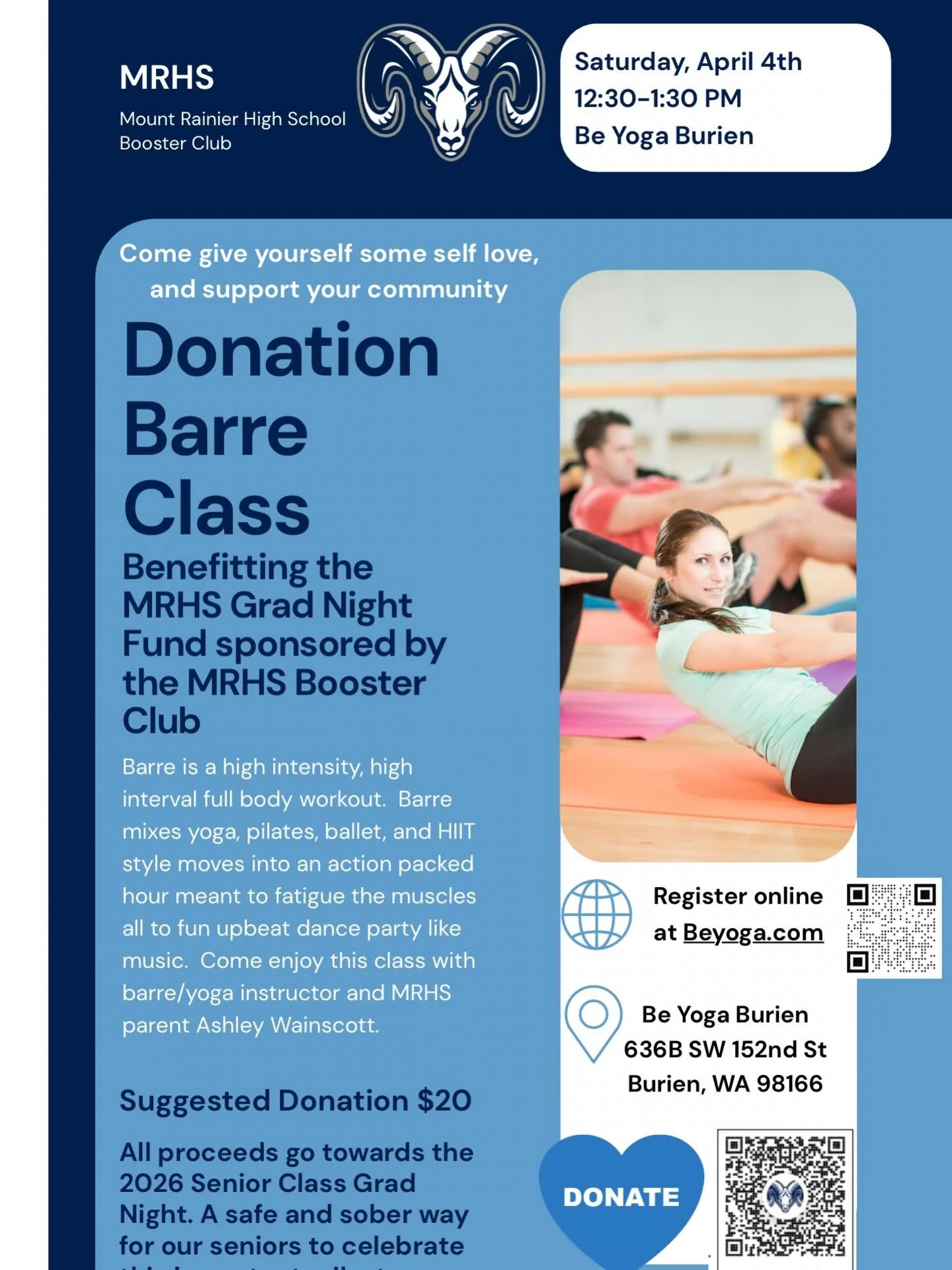 Give yourself some love while giving back 💙 💙💙Join us for a Donation Barre Class supporting the MRHS Grad Night Fund! This energizing, full-body workout is designed to lift your spirits and leave you glowing&mdash;led by our incredible hype queen,