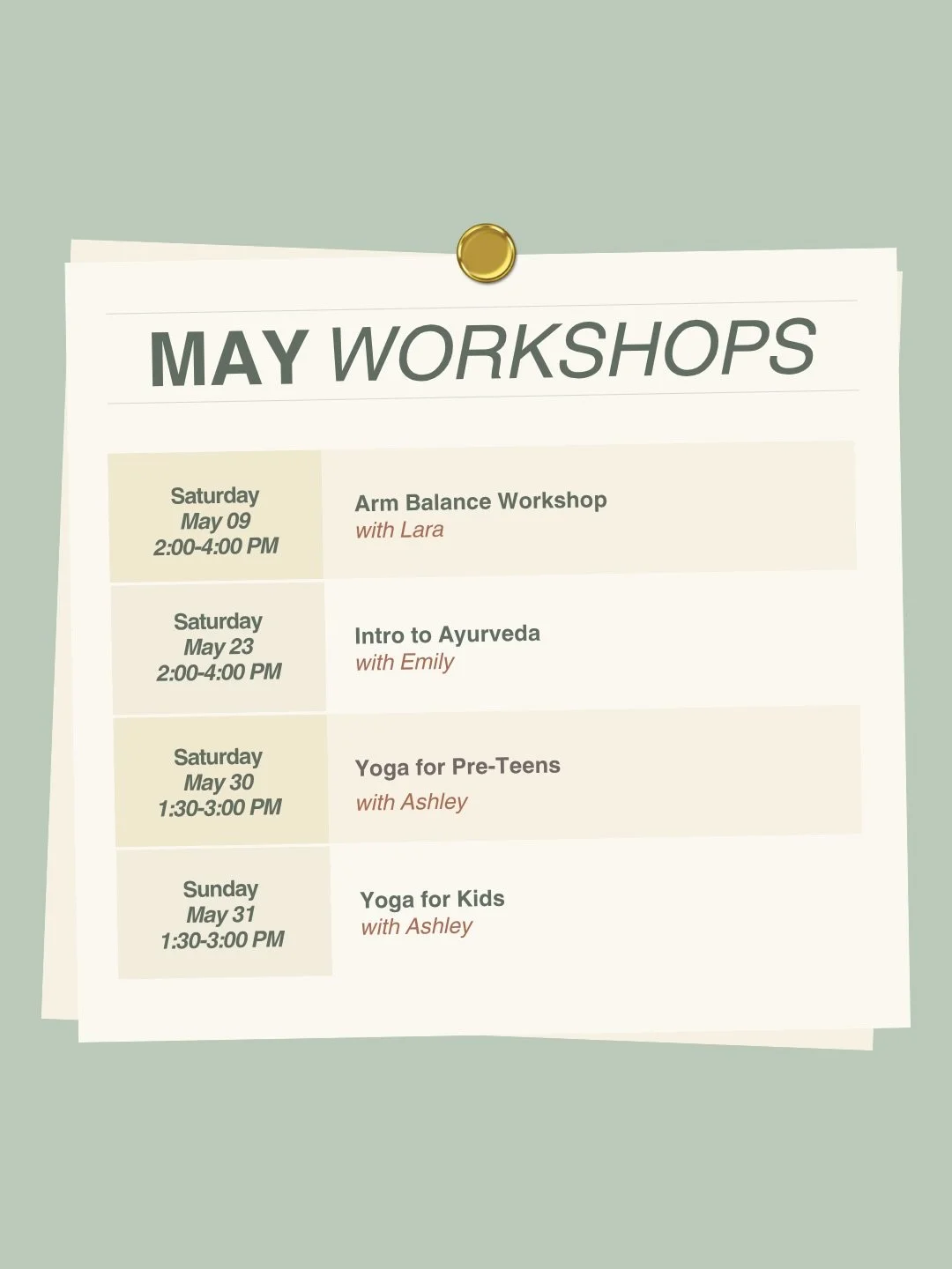 May is here! We've got a fun-filled month of workshops ahead - secure your spot through the 🔗 in our bio or in person at the front desk! 🧘🏽&zwj;♀️

#beyoga #beyogaburien #burienyoga #yogaseattle