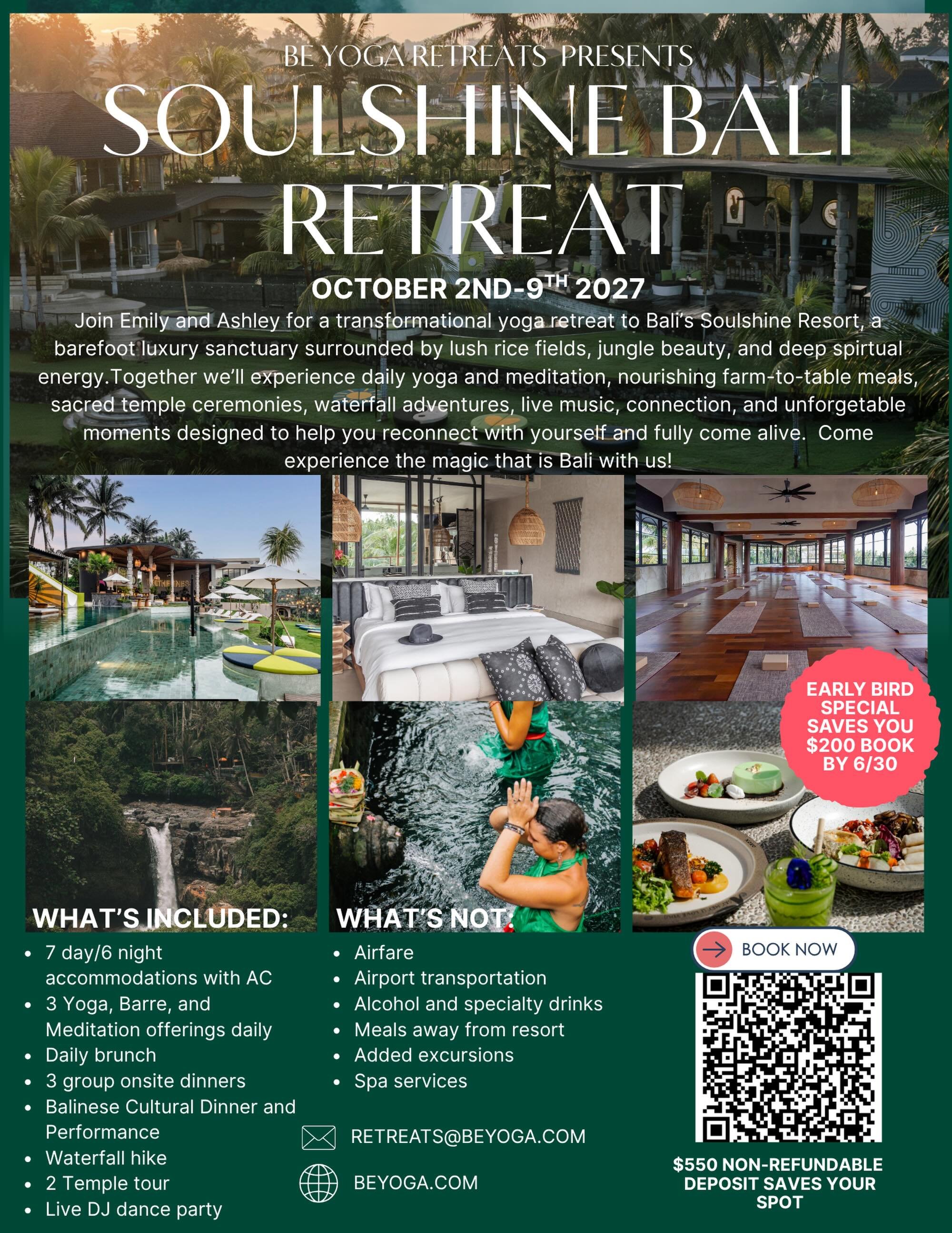 🌿✨ 
ANNOUNCING: Be Yoga&rsquo;s Soulshine Bali Retreat 
with Emily &amp; Ashley

📍 Ubud, Bali | October 2&ndash;9, 2027

Join us for 7 unforgettable days in paradise @soulshinebali &mdash;a barefoot luxury retreat surrounded by lush rice fields, wa