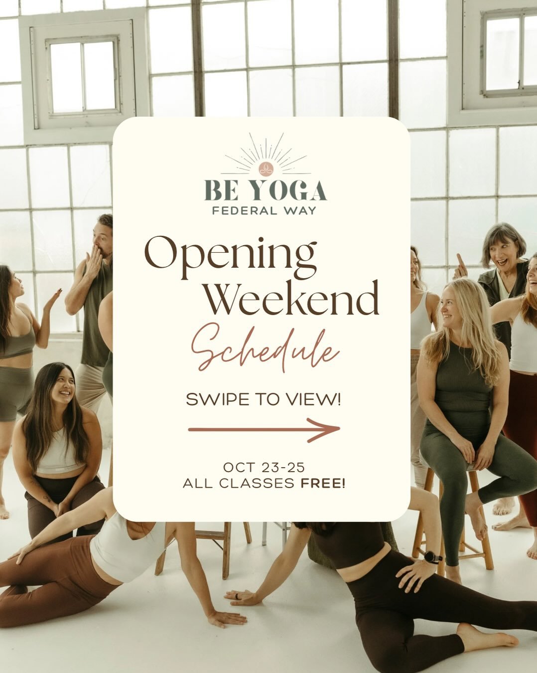 🗓️ 10/23-10/25 Opening Weekend Schedule 🗓️

Interested in trying out Be Yoga&rsquo;s class styles before committing? No problem! Opening weekend all classes are FREE. 🌟

➡️ Swipe to see our entire opening weekend schedule!

🗓️ Friday 10/23 FREE C