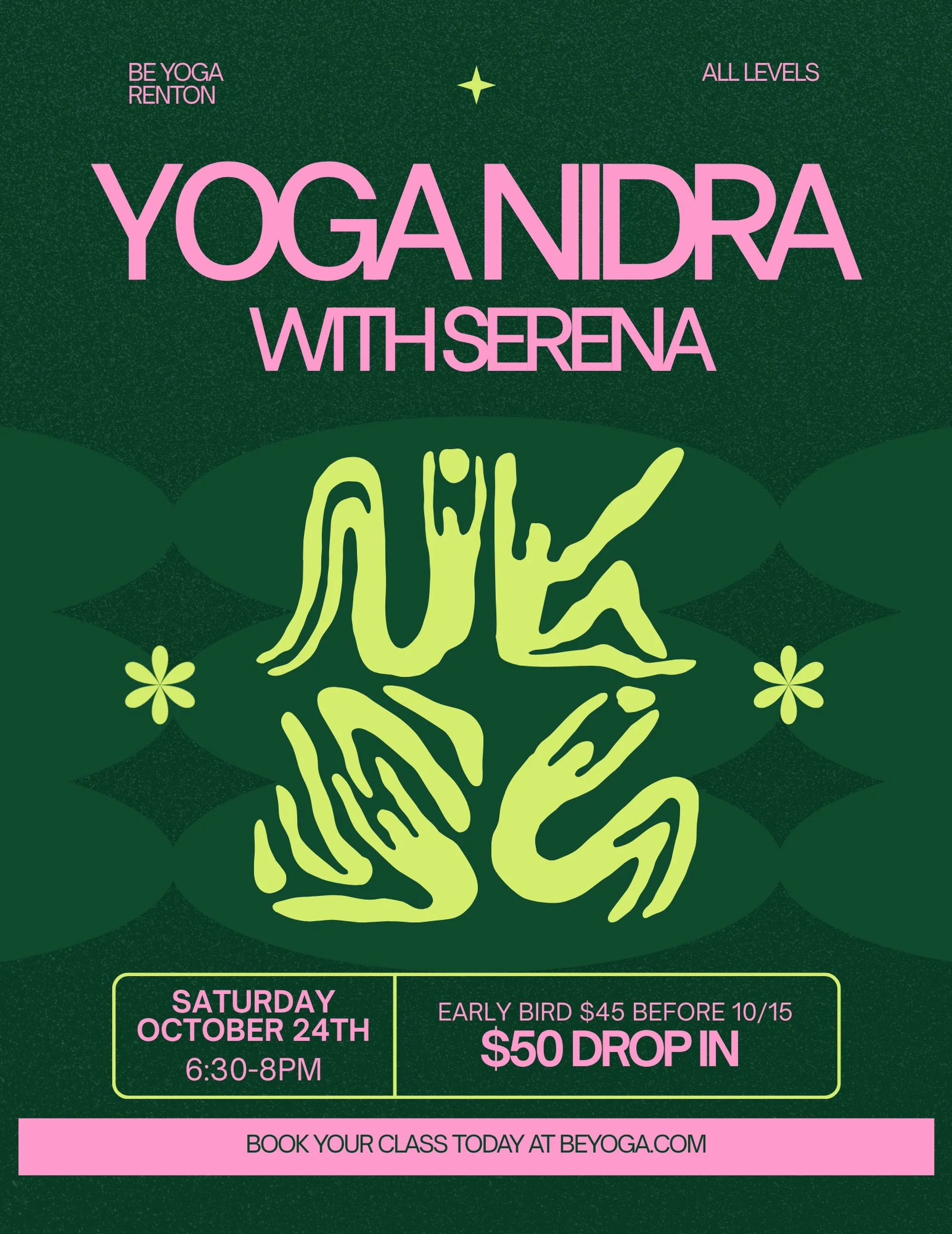 Serena is hosting a Yoga Nidra workshop guided by gentle meditation and singing bowls. Bring your comfy clothes and be ready to explore the place between wakefulness and sleep.

☁️ Yoga Nidra Workshop
Saturday, Oct 24 | 6:30-8:00 PM
🏷️ Early Bird $4