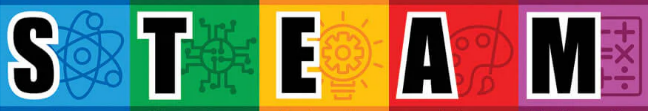 Colorful banner spelling out "STEM" with icons representing science, technology, engineering, and mathematics in each letter.