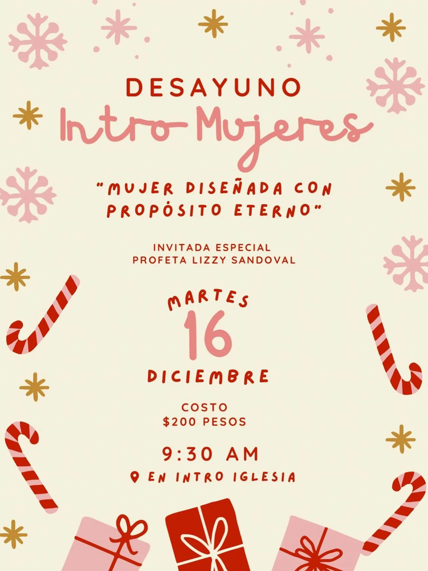 Amadas mujeres, estamos muy felices de invitarlas a nuestro Desayuno Navide&ntilde;o &ldquo;mujer dise&ntilde;ada con prop&oacute;sito eterno&rdquo; el martes 16 de diciembre a las 9:30 am en Intro Iglesia &hearts;️🎄

Tendremos como invitada a la pr