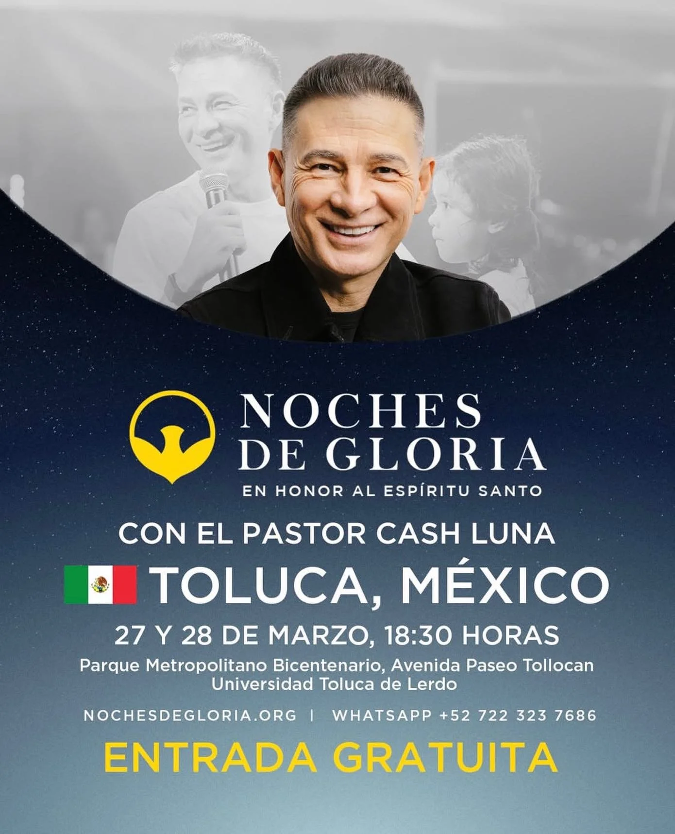 Estamos muy contentos de compartirles que este 27 y 28 de marzo a las 6:30 pm se presentar&aacute; en Toluca el Pastor Cash Luna en el parque Metropolitano Bicentenario ✨

El pastor Cash Luna es fundador y pastor general de la iglesia Casa de Dios en