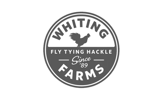 Logo for Whiting Farms featuring a rooster silhouette with text 'Fly Tying Hackle Since '89'.