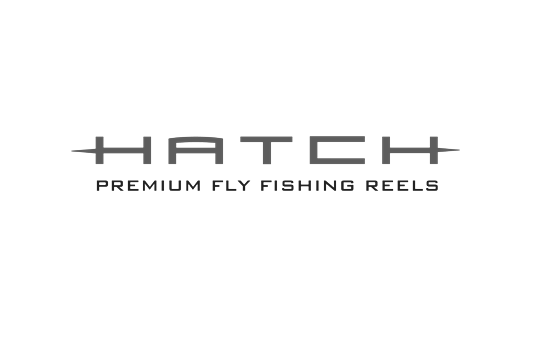 Logo for HATCH premium fly fishing reels with a sleek black background and metallic gray text.