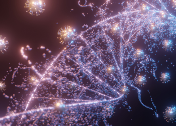 Close-up of a digital illustration of a DNA double helix with glowing particles and abstract patterns in a dark background.
