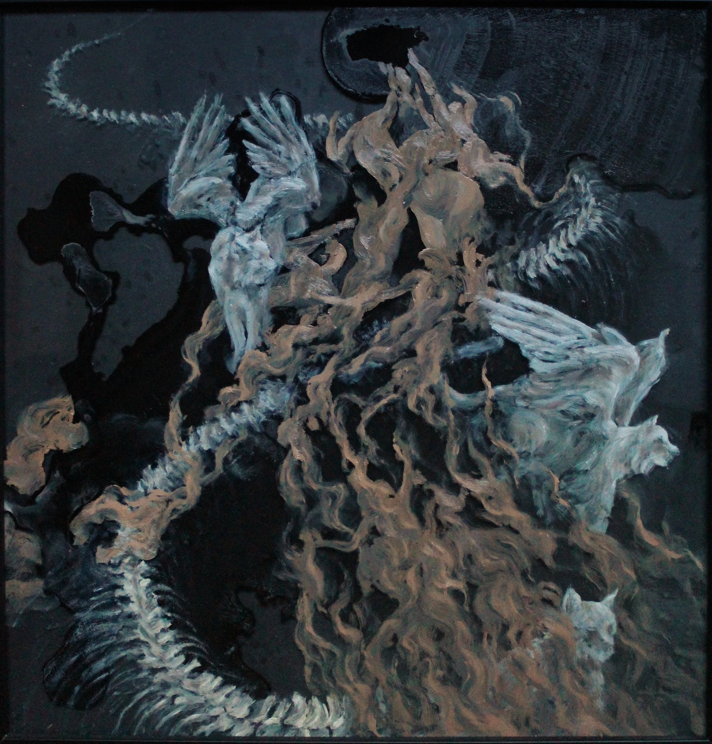 'Of Beasts and Bodies IV', oil paint and ink on glass, 400mm x 385mm, 2023