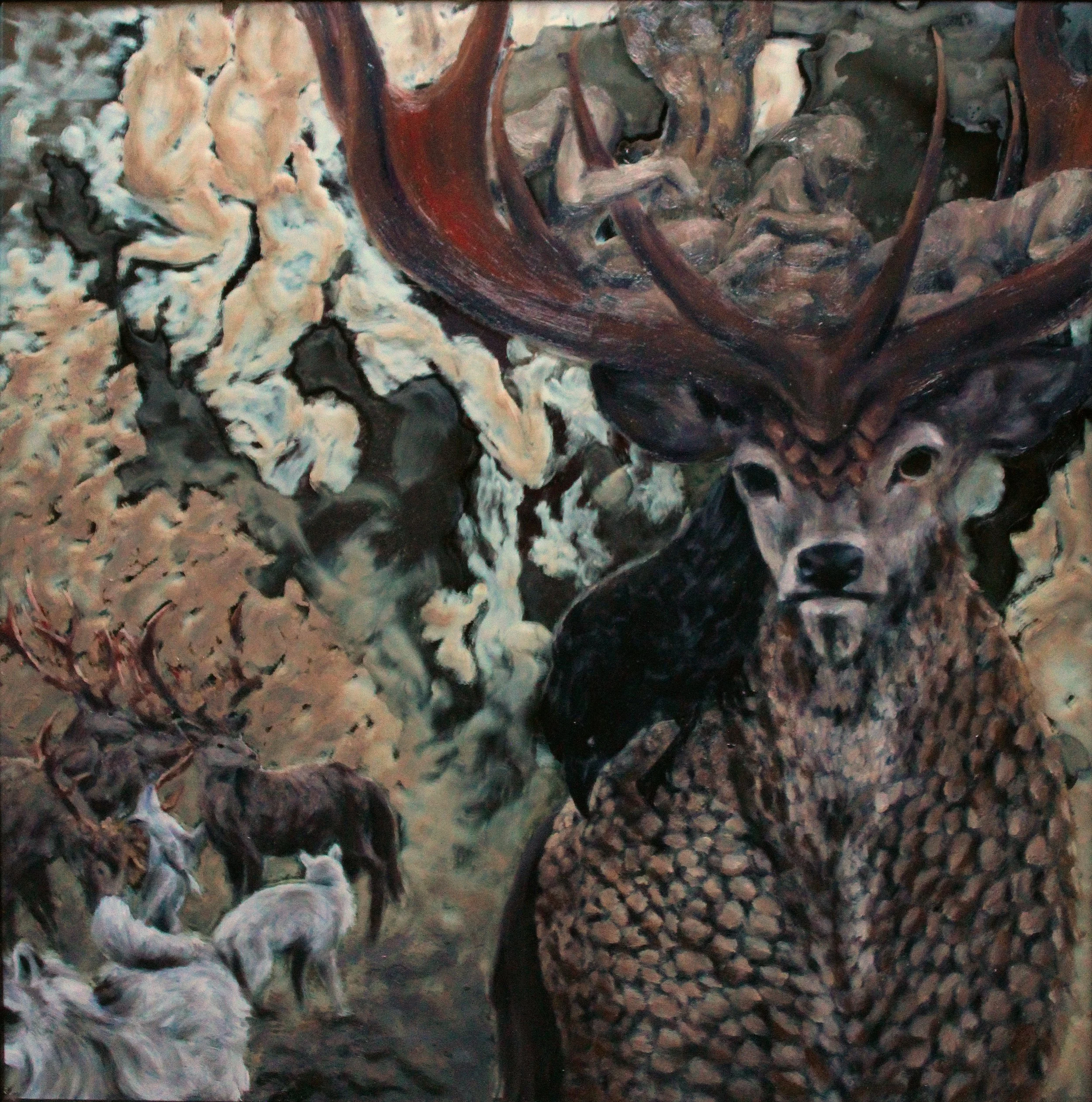 'Of Beasts and Bodies III', oil paint and ink on glass, 430mm x 430mm, 2023