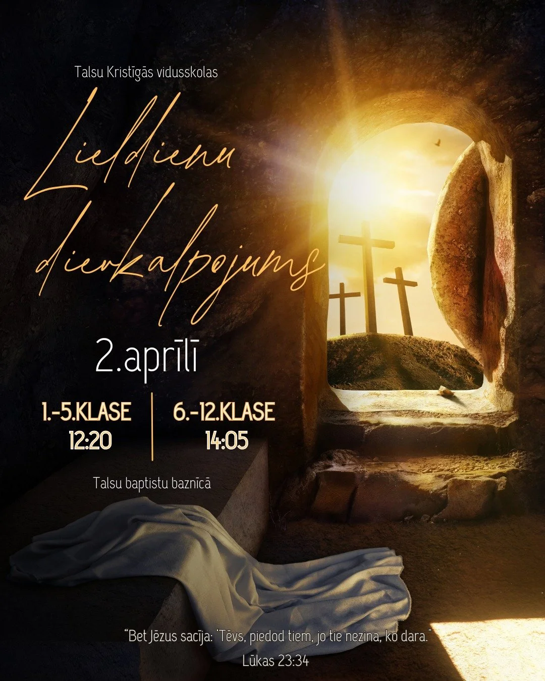 Lieldienu dievkalpojums

Lieldienas ir cerības, piedo&scaron;anas un jaunas dzīvības svētki. Aicinām mūsu skolas saimi kopā svinēt Kristus aug&scaron;āmcel&scaron;anos un pārdomāt Lieldienu patieso nozīmi. ✨

📅 2. aprīlī
⏰ 1.&ndash;5. klase &ndash; 