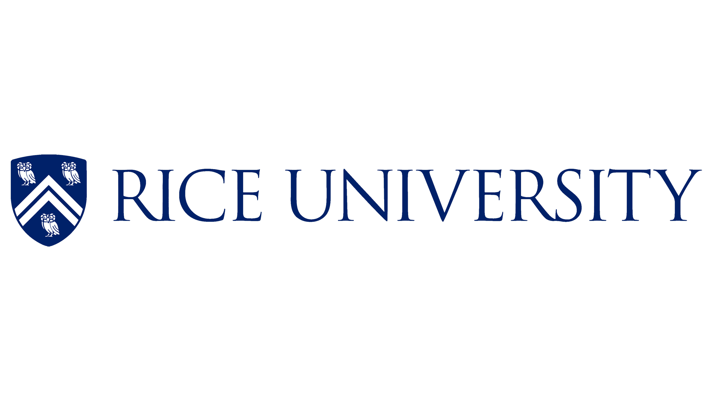 Rice University logo with a shield featuring three owls and plus and chevron symbols, and the text 'Rice University' in dark blue.