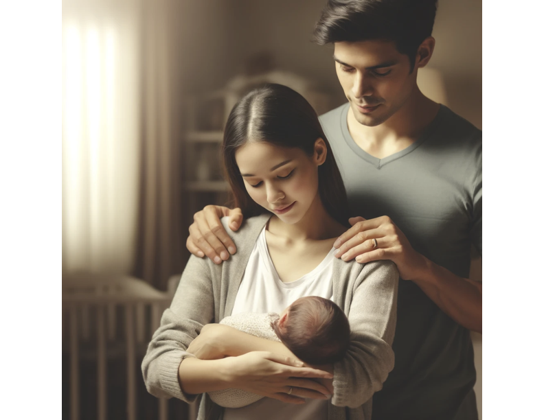 Young couple lovingly holds their newborn baby indoors with warm sunlight streaming in.